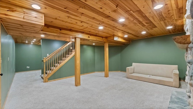 12720 Ibis St NW, Coon Rapids, MN 55448 - finished basement featuring wood ceiling, carpet floors, stairs, and recessed lighting
