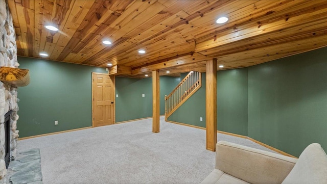 12720 Ibis St NW, Coon Rapids, MN 55448 - finished below grade area with recessed lighting, stairs, carpet flooring, and wooden ceiling