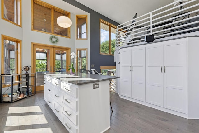 18675 86th Pl N, Maple Grove, MN 55311 - kitchen featuring dark wood-style flooring, white cabinetry, a center island with sink, a towering ceiling, and hanging light fixtures