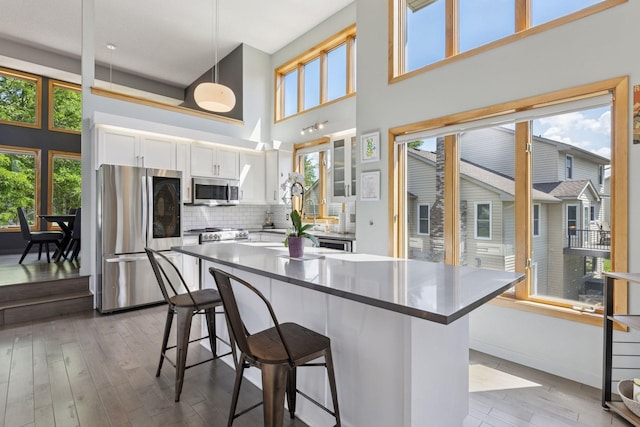18675 86th Pl N, Maple Grove, MN 55311 - kitchen featuring stainless steel appliances, plenty of natural light, a breakfast bar area, white cabinetry, and a high ceiling