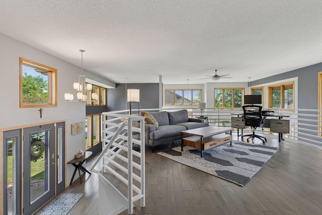 18675 86th Pl N, Maple Grove, MN 55311 - living room featuring a textured ceiling, an office area, ceiling fan, hardwood / wood-style flooring, and a chandelier