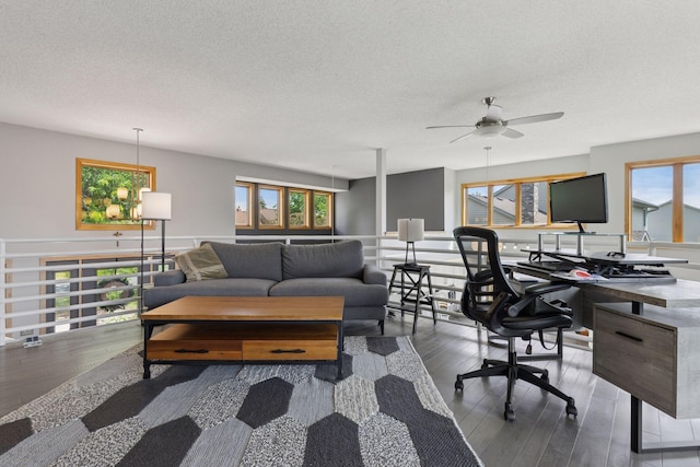 18675 86th Pl N, Maple Grove, MN 55311 - living area featuring ceiling fan, wood finished floors, a textured ceiling, and plenty of natural light