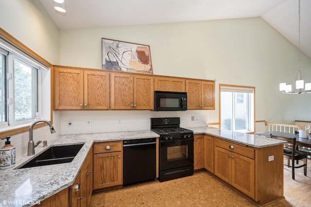 4224 93rd Ave N, Brooklyn Park, MN 55443 - kitchen with black appliances, a peninsula, brown cabinets, backsplash, and high vaulted ceiling