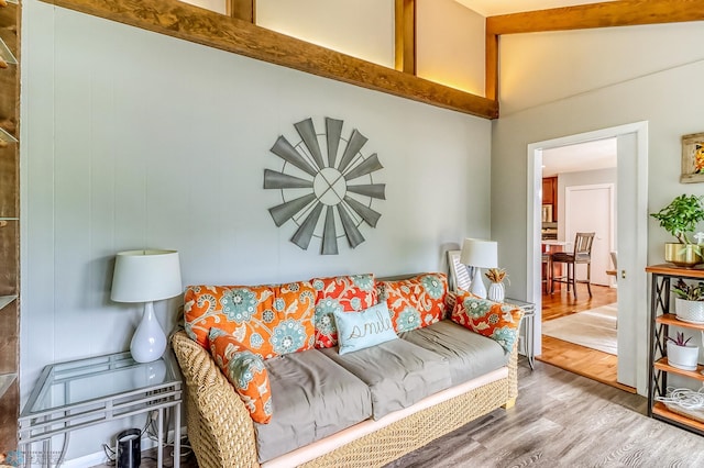 1800 Centre Sq, Moorhead, MN 56560 - living area with wood finished floors, high vaulted ceiling, and beamed ceiling