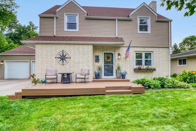 1800 Centre Sq, Moorhead, MN 56560 - view of front of house with a shingled roof, a chimney, a wooden deck, a front lawn, and driveway