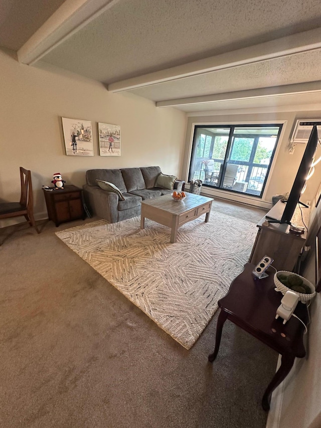 3421 Kent St Unit 607, Shoreview, MN 55126 - carpeted living area featuring beamed ceiling, an AC wall unit, and a textured ceiling
