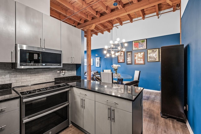 400 1st St Unit 611, Minneapolis, MN 55401 - kitchen with appliances with stainless steel finishes, a wood ceiling with exposed beams, a peninsula, wood finished floors, and decorative backsplash
