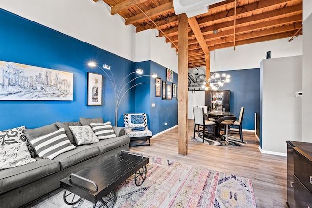 400 1st St Unit 611, Minneapolis, MN 55401 - living area featuring a wood ceiling with exposed beams, a chandelier, high vaulted ceiling, and wood finished floors
