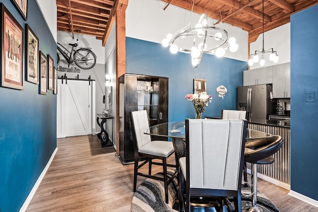 400 1st St Unit 611, Minneapolis, MN 55401 - dining area featuring a wood ceiling with exposed beams, high vaulted ceiling, a chandelier, a barn door, and wood finished floors