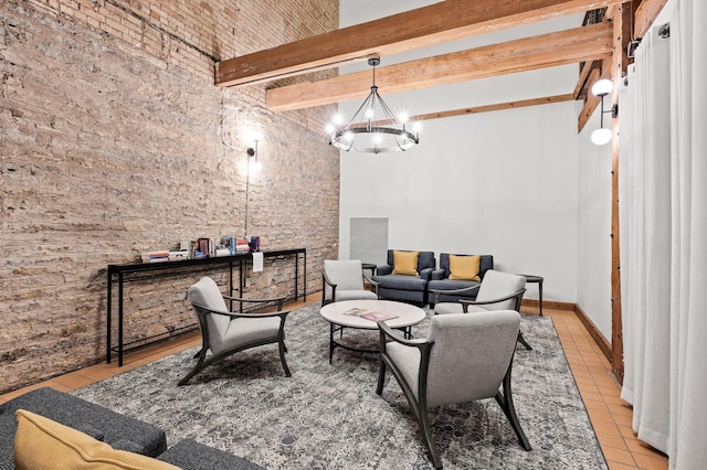 400 1st St Unit 611, Minneapolis, MN 55401 - living area with tile patterned floors, a high ceiling, beamed ceiling, and a chandelier
