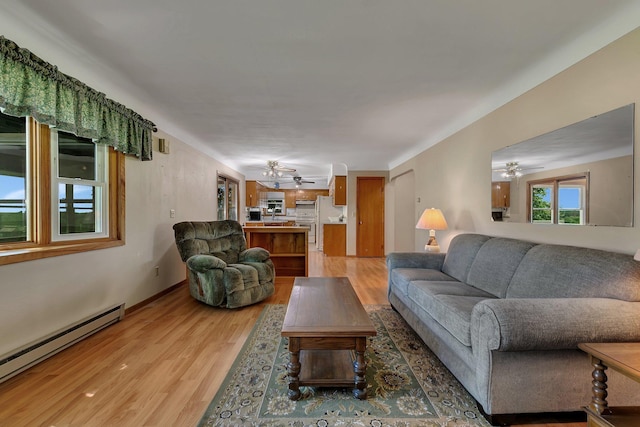 11965 State Highway 15, Kimball, MN 55353 - living area with a baseboard radiator, ceiling fan, and light wood-style flooring