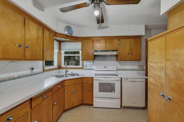 11965 State Highway 15, Kimball, MN 55353 - kitchen featuring white appliances, under cabinet range hood, brown cabinetry, and light countertops