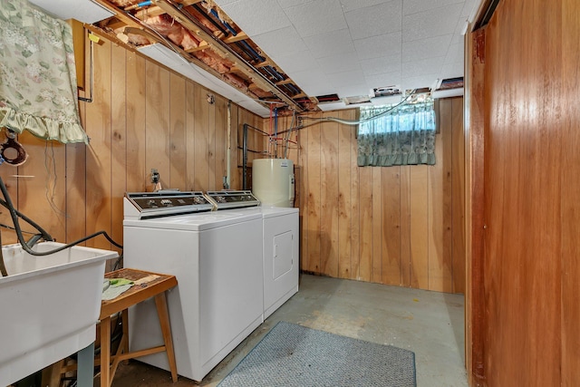 11965 State Highway 15, Kimball, MN 55353 - laundry area with water heater, washing machine and dryer, and wooden walls