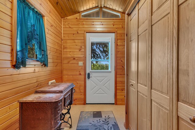 11965 State Highway 15, Kimball, MN 55353 - doorway to outside with vaulted ceiling, wooden walls, and wooden ceiling