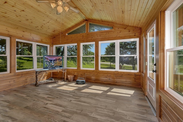 11965 State Highway 15, Kimball, MN 55353 - unfurnished sunroom with vaulted ceiling, wood walls, wood finished floors, and wood ceiling