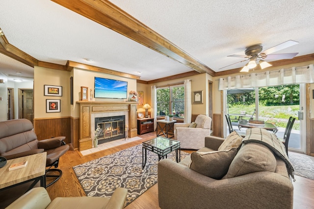 901 Grandview Dr, Hudson, WI 54016 - living area featuring a textured ceiling, a ceiling fan, wainscoting, crown molding, and light wood-style flooring