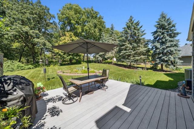 901 Grandview Dr, Hudson, WI 54016 - wooden deck with outdoor dining space, a lawn, and a grill