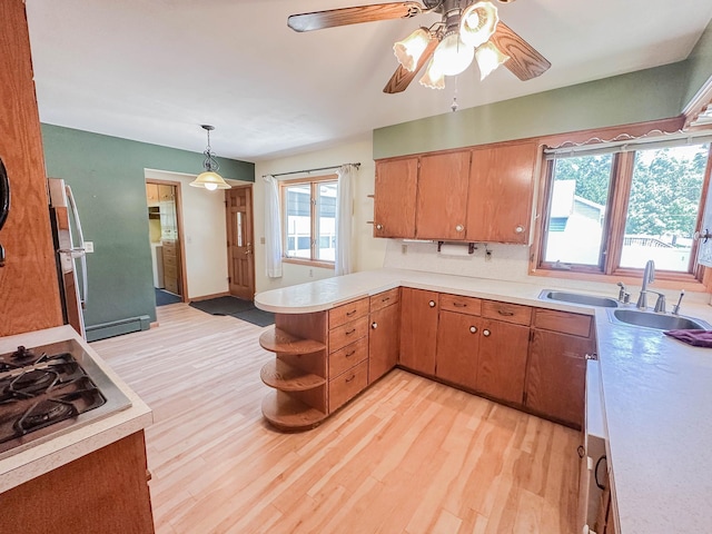 540 8th St, Bird Island, MN 55310 - kitchen featuring gas cooktop, open shelves, light countertops, light wood-style floors, and a peninsula
