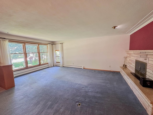 540 8th St, Bird Island, MN 55310 - unfurnished living room featuring a fireplace, a baseboard heating unit, a textured ceiling, and carpet flooring