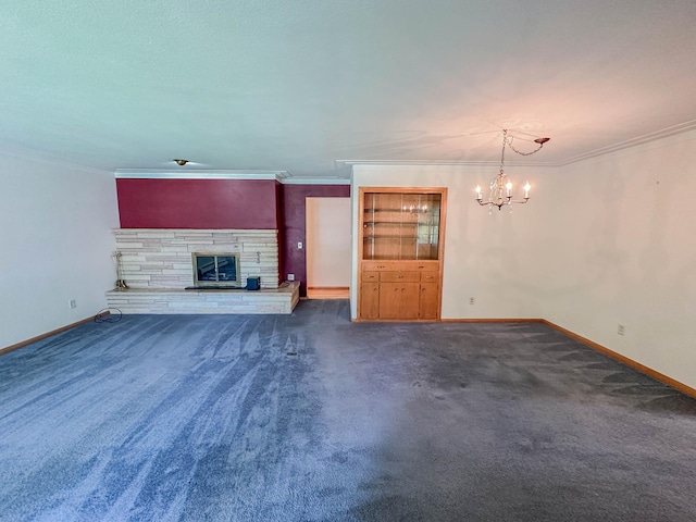 540 8th St, Bird Island, MN 55310 - unfurnished living room featuring a stone fireplace, carpet flooring, a chandelier, and ornamental molding
