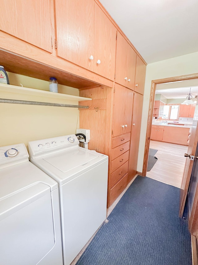 540 8th St, Bird Island, MN 55310 - laundry room with cabinet space, dark colored carpet, and washing machine and clothes dryer