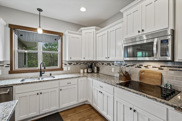 1799 158th Ln NW, Andover, MN 55304 - kitchen with stainless steel microwave, black electric stovetop, white cabinetry, tasteful backsplash, and decorative light fixtures