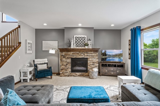 1799 158th Ln NW, Andover, MN 55304 - carpeted living room featuring stairs, recessed lighting, and a fireplace