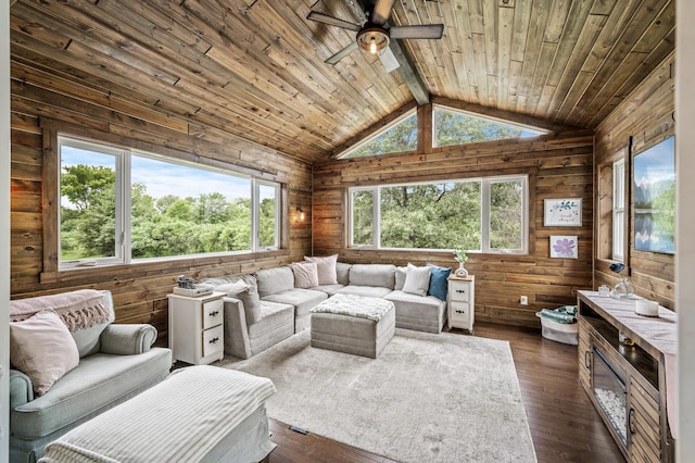 1799 158th Ln NW, Andover, MN 55304 - living area with wood walls, healthy amount of natural light, vaulted ceiling, a ceiling fan, and wood ceiling