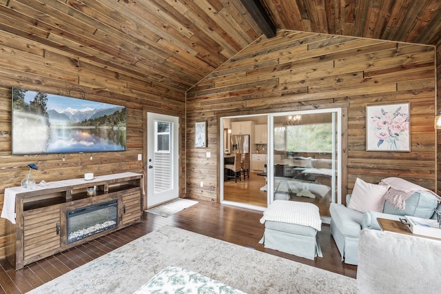 1799 158th Ln NW, Andover, MN 55304 - living area with wood walls, a wooden ceiling with exposed beams, hardwood / wood-style flooring, and high vaulted ceiling