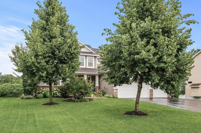 1799 158th Ln NW, Andover, MN 55304 - obstructed view of property featuring stone siding, a front lawn, driveway, a garage, and a shingled roof