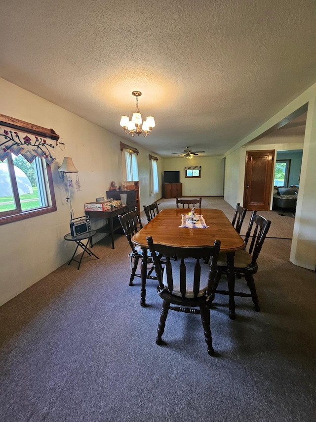 15596 464th St, Hewitt, MN 56453 - carpeted dining space featuring a chandelier, a textured ceiling, and ceiling fan