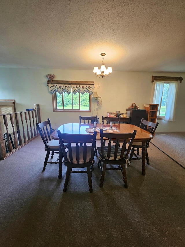 15596 464th St, Hewitt, MN 56453 - dining space featuring carpet floors, a chandelier, healthy amount of natural light, and a textured ceiling