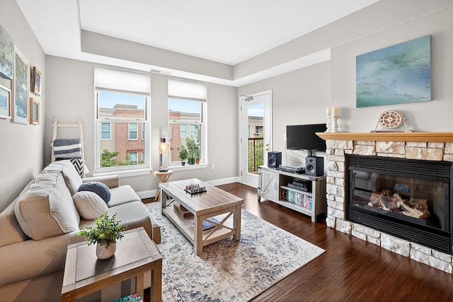 545 1st St Unit 400, Minneapolis, MN 55401 - living room with dark wood finished floors and a fireplace