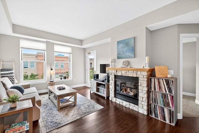 545 1st St Unit 400, Minneapolis, MN 55401 - living room with a stone fireplace and wood finished floors