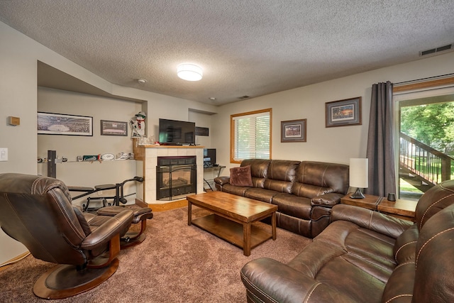 19161 Zane St NW, Elk River, MN 55330 - carpeted living room with a textured ceiling, plenty of natural light, and a tile fireplace