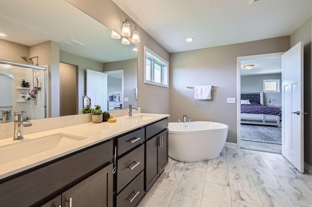 11887 73rd St NE, Otsego, MN 55301 - ensuite bathroom with a soaking tub, double vanity, marble look tiles, a stall shower, and recessed lighting