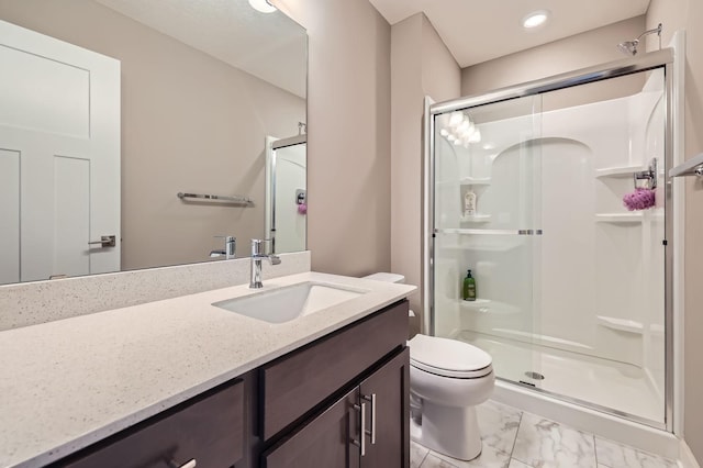 11887 73rd St NE, Otsego, MN 55301 - full bath featuring vanity, a stall shower, marble look tiles, and recessed lighting