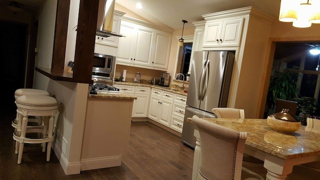 2108 74th Ave N, Brooklyn Park, MN 55444 - kitchen featuring stainless steel appliances, a breakfast bar area, dark wood-type flooring, a peninsula, and pendant lighting