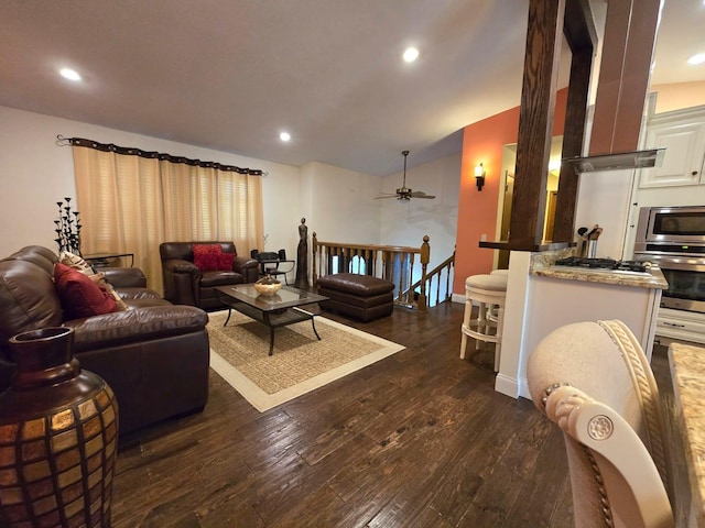 2108 74th Ave N, Brooklyn Park, MN 55444 - living room featuring lofted ceiling, dark wood-style flooring, a ceiling fan, and recessed lighting