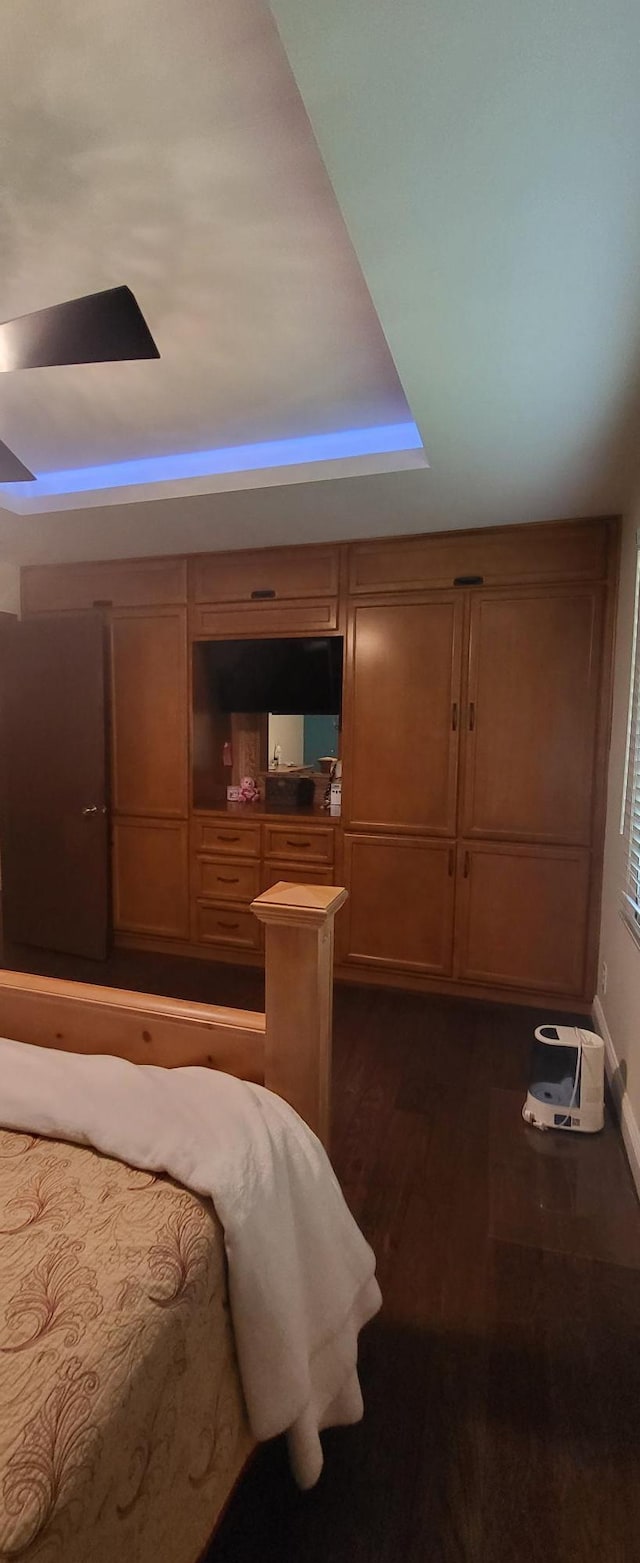 2108 74th Ave N, Brooklyn Park, MN 55444 - bedroom featuring a raised ceiling, dark wood finished floors, and a ceiling fan