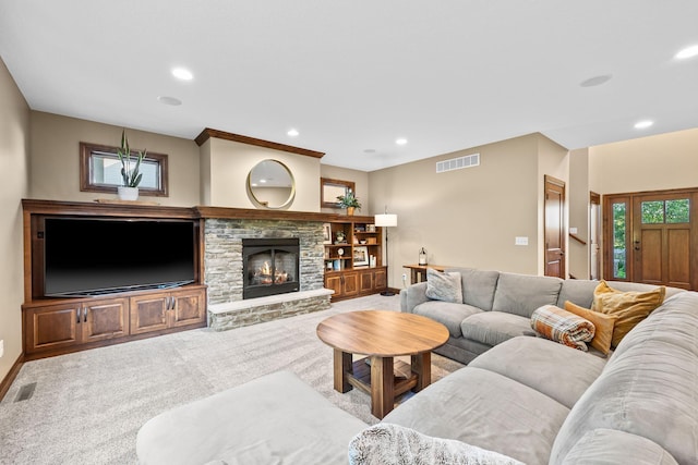 1899 White Oak Dr, Chaska, MN 55318 - living area with recessed lighting, carpet flooring, and a fireplace