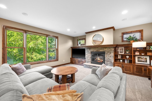 1899 White Oak Dr, Chaska, MN 55318 - carpeted living room featuring recessed lighting and a stone fireplace