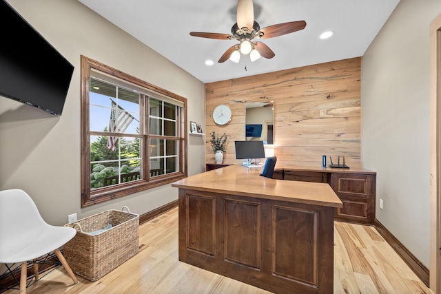 1899 White Oak Dr, Chaska, MN 55318 - office area with wood walls, an accent wall, ceiling fan, light wood-style floors, and recessed lighting