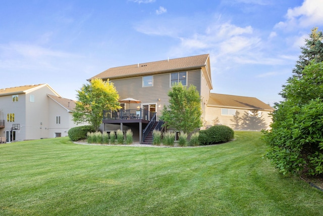 1899 White Oak Dr, Chaska, MN 55318 - rear view of house featuring stairs, a wooden deck, and a yard