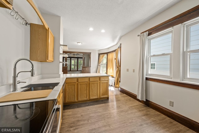 727 Virginia St, Saint Paul, MN 55103 - kitchen with a peninsula, electric range, recessed lighting, light wood-style flooring, and light countertops