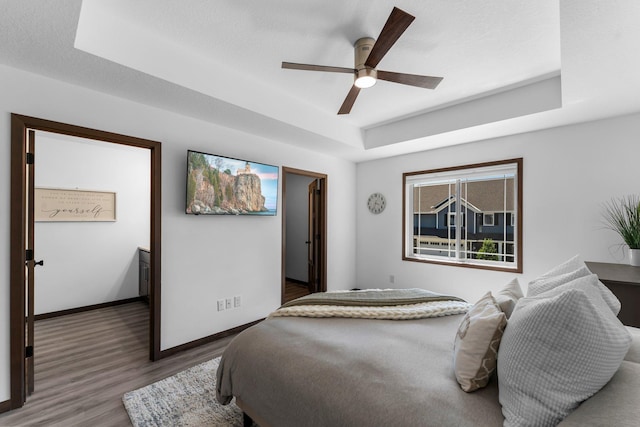 12910 Brenly Way, Rogers, MN 55374 - bedroom with a tray ceiling, wood finished floors, ceiling fan, and a spacious closet