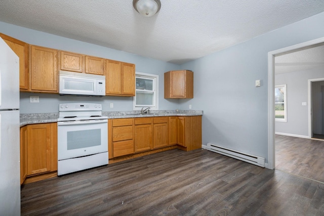 213 Caledonia St, Caledonia, MN 55921 - kitchen with white appliances, a baseboard radiator, dark wood-type flooring, and a textured ceiling