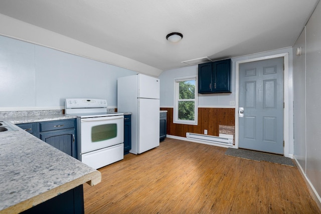 213 Caledonia St, Caledonia, MN 55921 - kitchen with white appliances, baseboard heating, light wood-style floors, light countertops, and blue cabinets