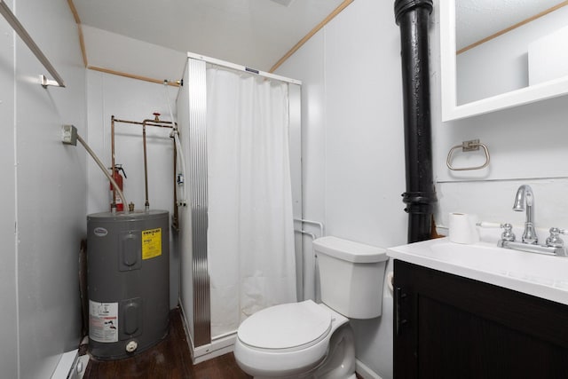213 Caledonia St, Caledonia, MN 55921 - full bath with electric water heater, a shower with shower curtain, vanity, and wood finished floors