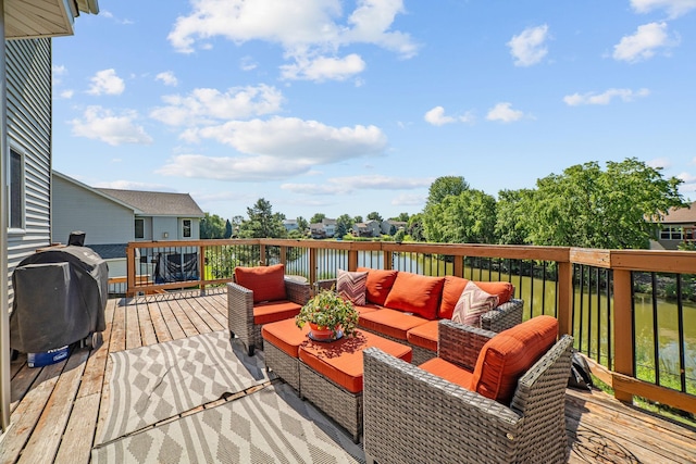 2418 Thrush St, Shakopee, MN 55379 - wooden deck with an outdoor hangout area, a water view, and grilling area